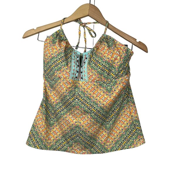Nanette Lepore Chevron Floral Halter Top Size Medium Tank Yellow Green Retro Y2K - Picture 1 of 7